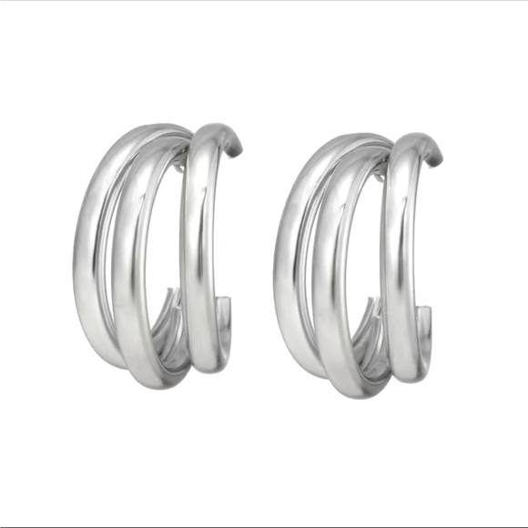 Geometric C Shaped Silver Hoop Earrings - Picture 1 of 4